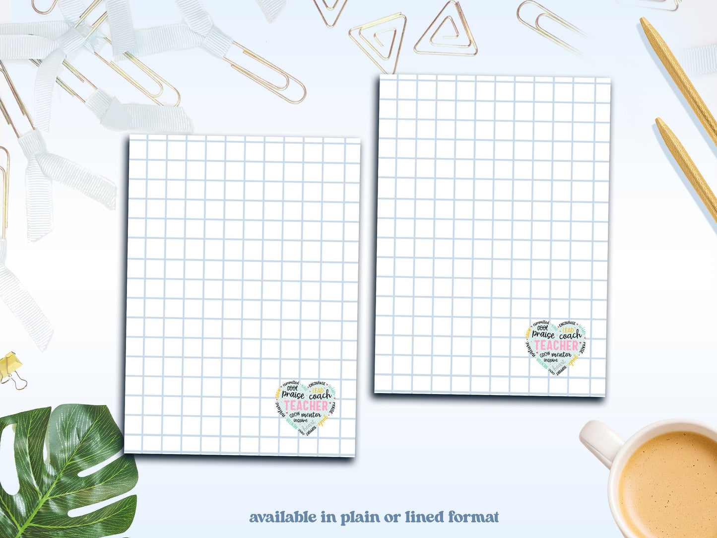 Teacher Grid Notepad Collection – Praise, Coach, Inspire Desk Pads | 4x4” & 5x7” Sizes