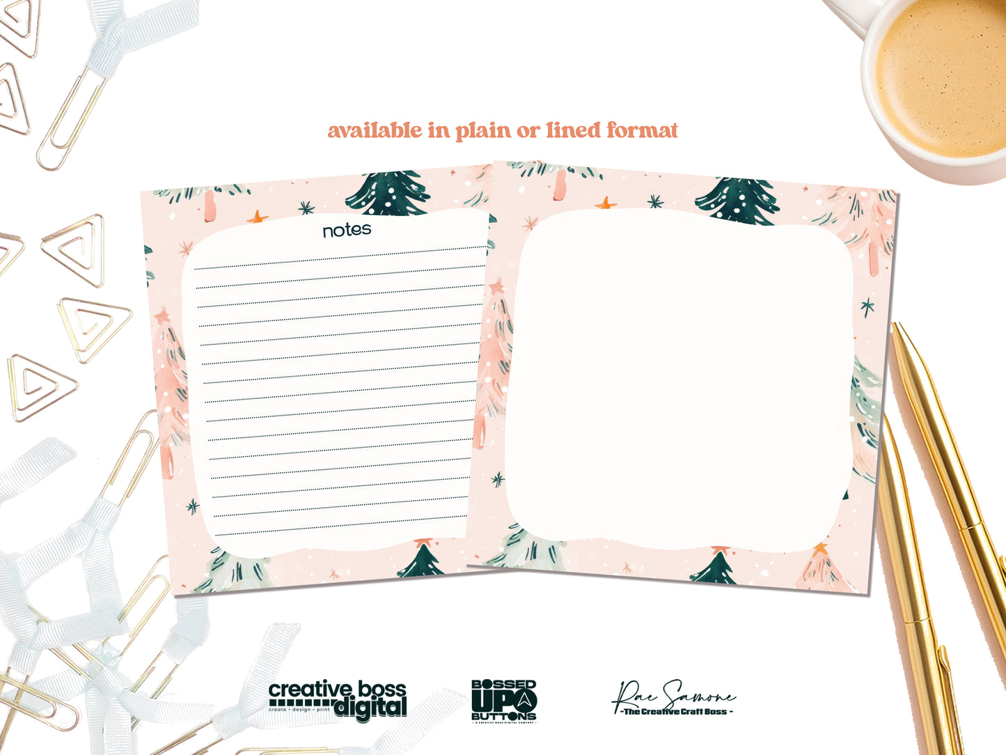 Pink Watercolor Christmas Tree Notepad Collection – 3 Sizes or Full Bundle Set