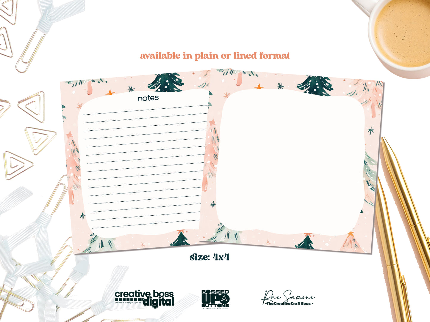 Pink Watercolor Christmas Tree Notepad Collection – 3 Sizes or Full Bundle Set