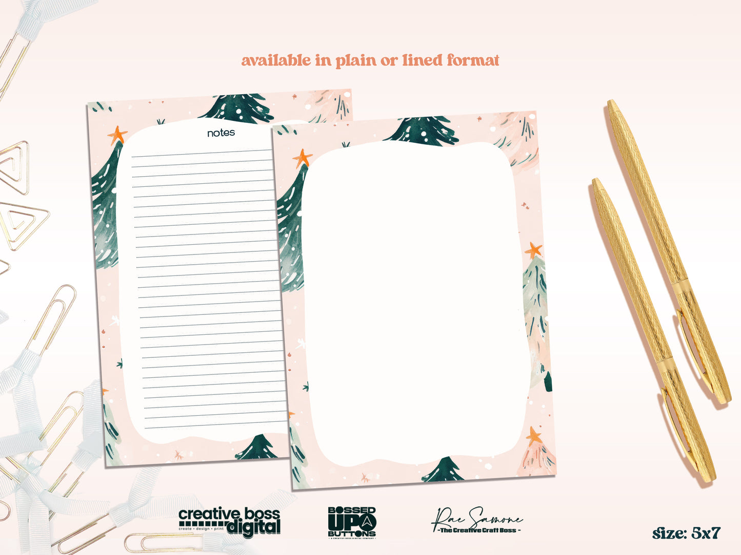 Pink Watercolor Christmas Tree Notepad Collection – 3 Sizes or Full Bundle Set