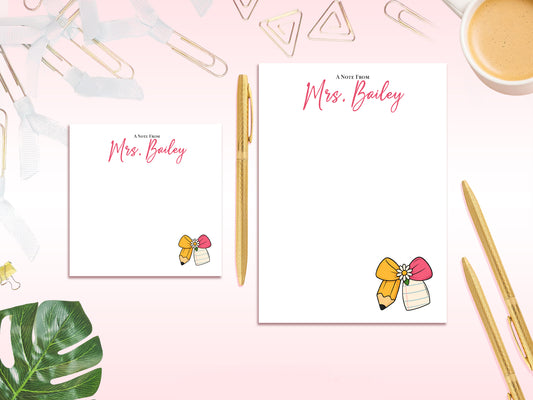 Personalized Teacher Notepad – A Note From Design | Custom Name Stationery | Pencil Bow Teacher Gift Set