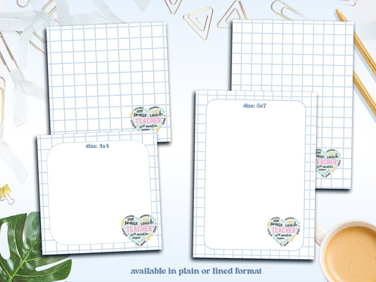 Teacher Grid Notepad Collection – Praise, Coach, Inspire Desk Pads | 4x4” & 5x7” Sizes