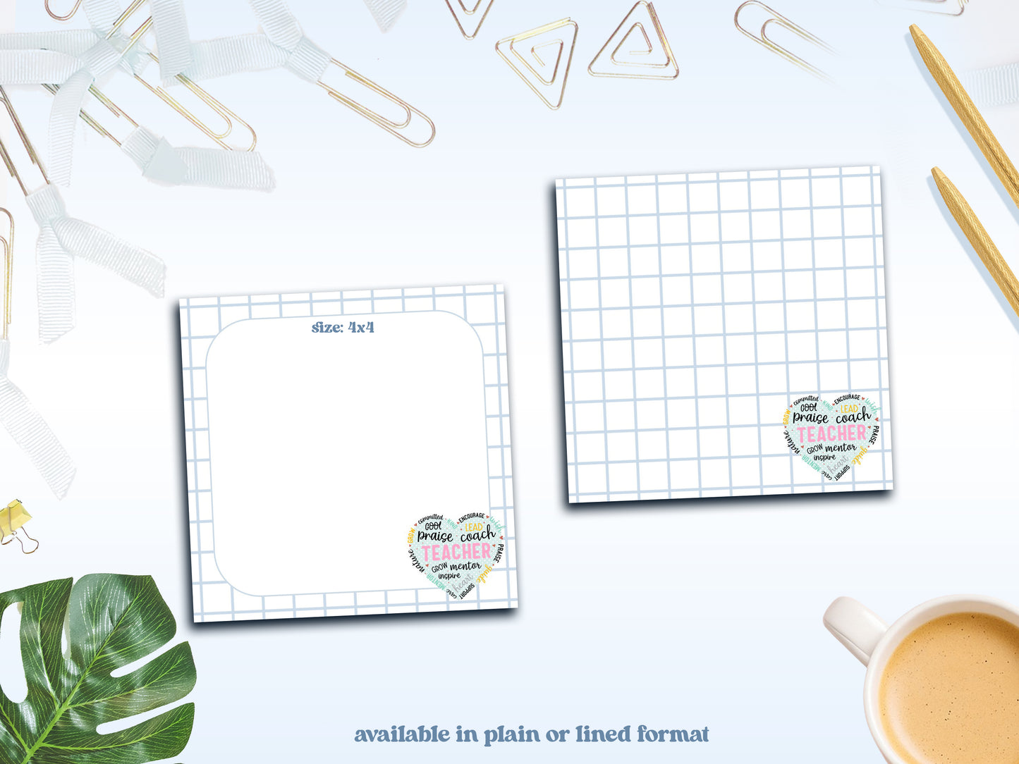 Teacher Grid Notepad Collection – Praise, Coach, Inspire Desk Pads | 4x4” & 5x7” Sizes