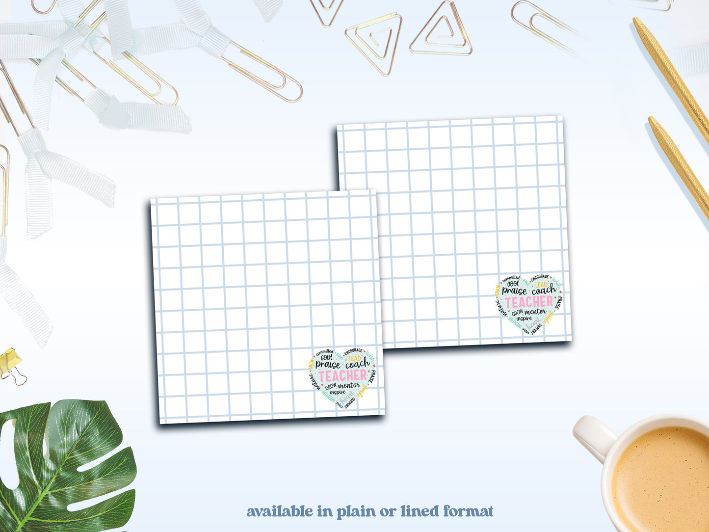 Teacher Grid Notepad Collection – Praise, Coach, Inspire Desk Pads | 4x4” & 5x7” Sizes