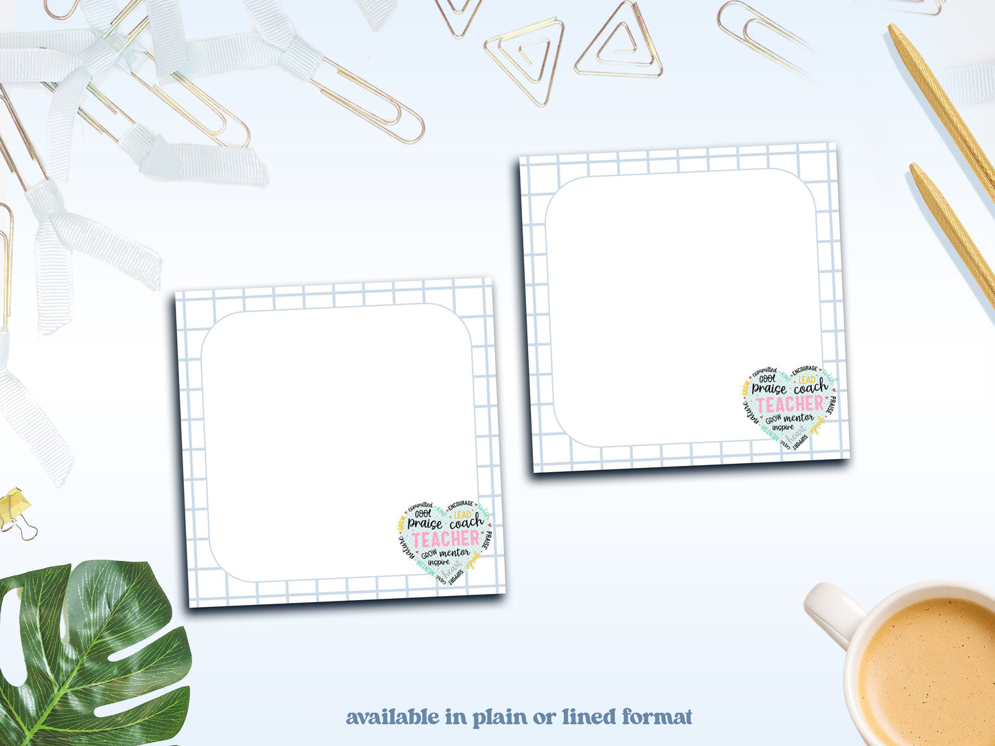 Teacher Grid Notepad Collection – Praise, Coach, Inspire Desk Pads | 4x4” & 5x7” Sizes