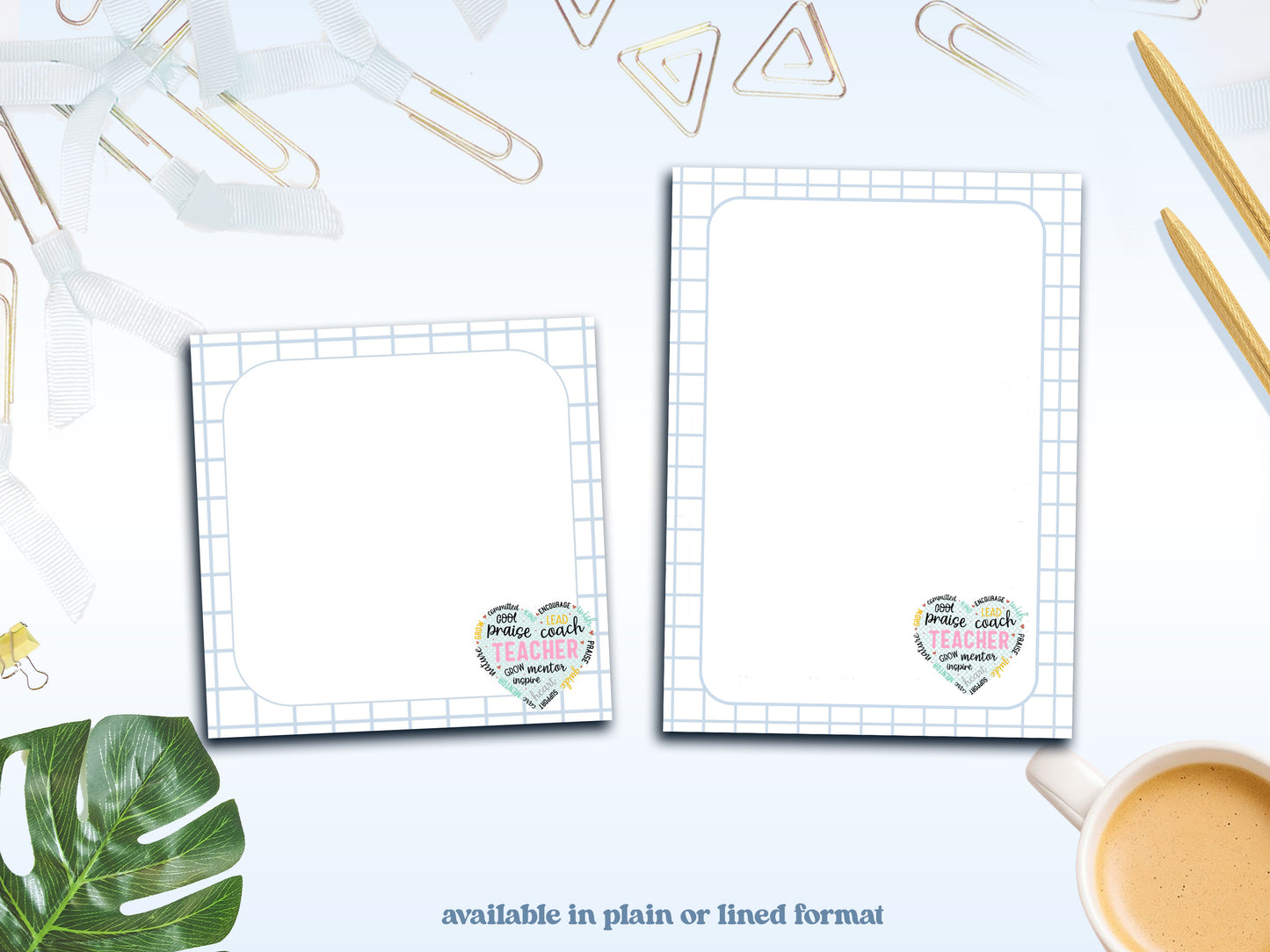 Teacher Grid Notepad Collection – Praise, Coach, Inspire Desk Pads | 4x4” & 5x7” Sizes