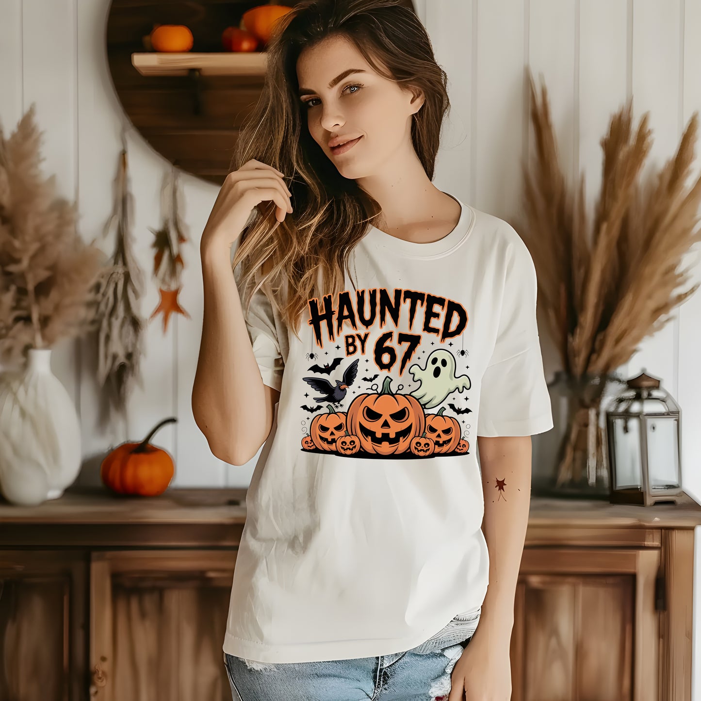 Haunted by 67 Shirt & Sweatshirt – Funny Teacher Halloween Tee or Crewneck