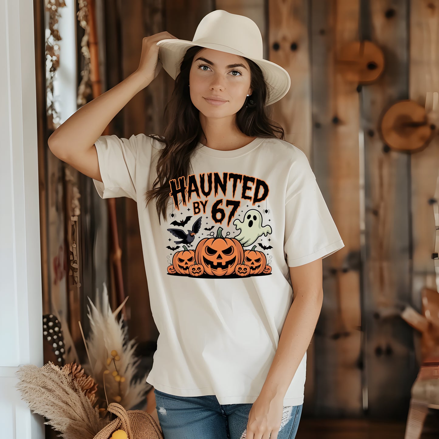 Haunted by 67 Shirt & Sweatshirt – Funny Teacher Halloween Tee or Crewneck