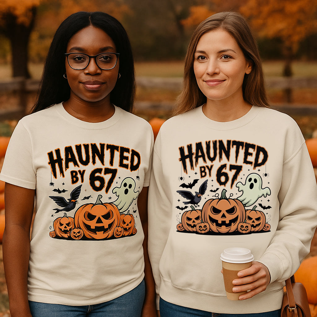 Haunted by 67 Shirt & Sweatshirt – Funny Teacher Halloween Tee or Crewneck