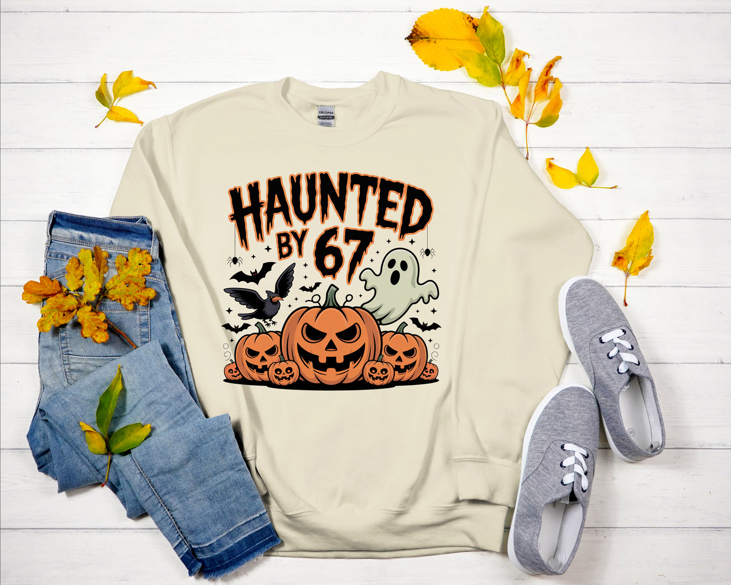 Haunted by 67 Shirt & Sweatshirt – Funny Teacher Halloween Tee or Crewneck