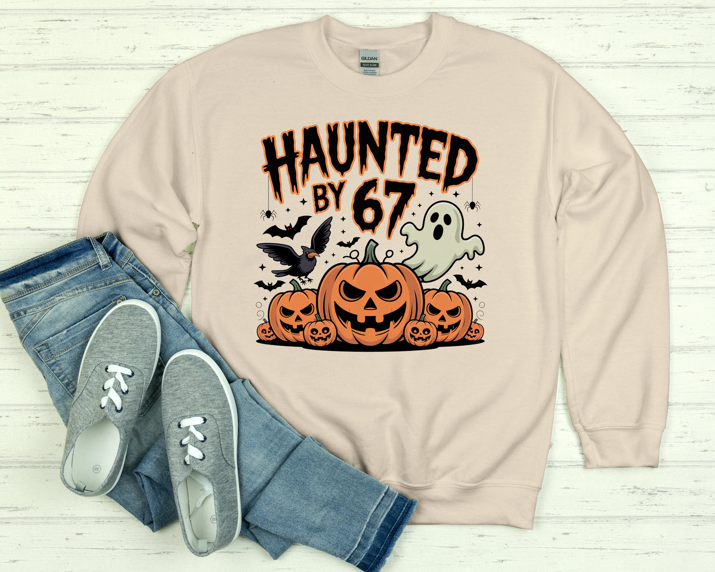 Haunted by 67 Shirt & Sweatshirt – Funny Teacher Halloween Tee or Crewneck