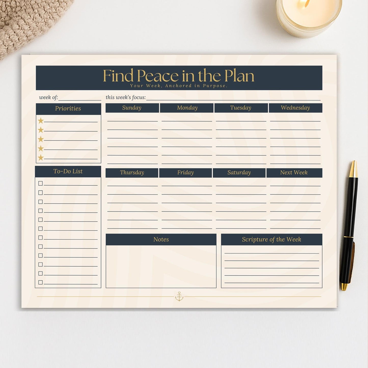 “Find Peace in the Plan” Weekly Desk Pad – 10×8 Christian Planner