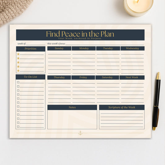 “Find Peace in the Plan” Weekly Desk Pad – 10×8 Christian Planner